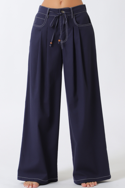 STRING BELTED WIDE LEG PANTS