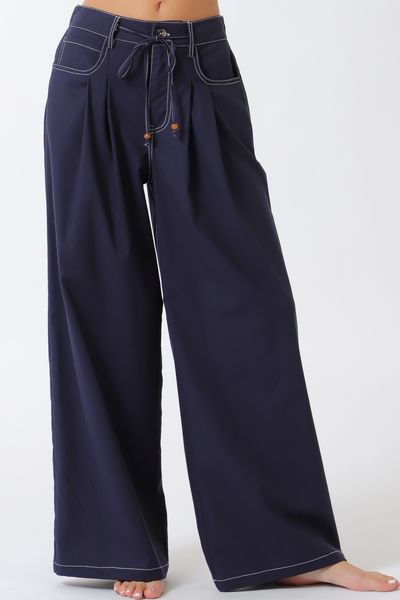 STRING BELTED WIDE LEG PANTS