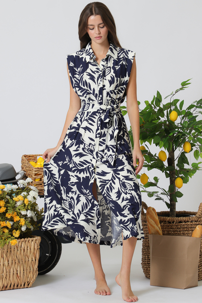 SHOULDER PAD BUTTON DOWN TIE FRONT MIDI DRESS