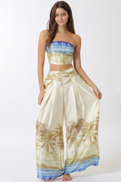 TUBE TOP AND ELASTIC BACK WAISTED LONG PANTS SET