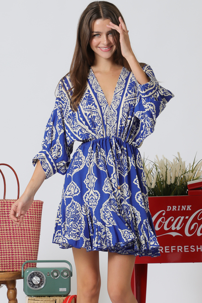 3/4DOLMAN SLEEVE TIE FRONT BORDER PRINT MINI DRESS