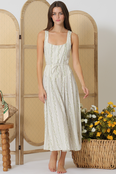 SLEEVELESS TIE FRONT WAISTED MIDI DRESS