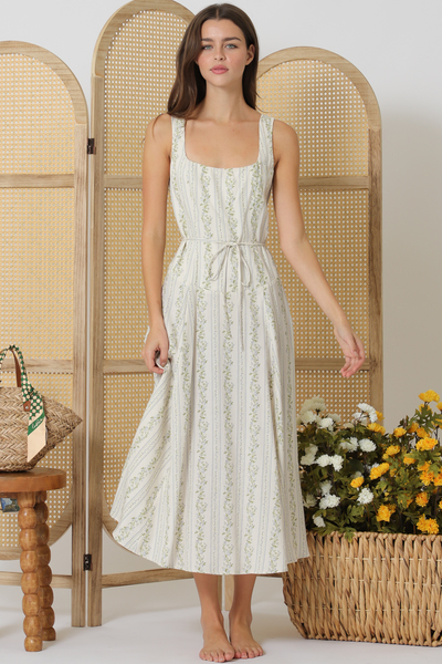 SLEEVELESS TIE FRONT WAISTED MIDI DRESS