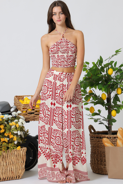 HALTER ELASTIC SMOCKED TOP ELASTIC BACK PANTS SET