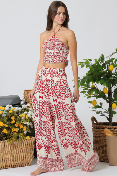 HALTER ELASTIC SMOCKED TOP ELASTIC BACK PANTS SET