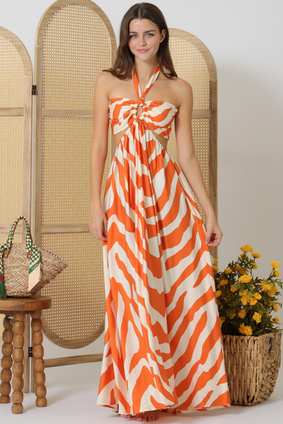 TIE BACK NECK CUT-OUT ELASTIC WAISTED MAXI DRESS