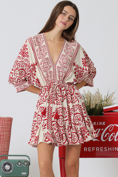 3/4DOLMAN SLEEVE TIE BORDER PRINTED  MINI DRESS