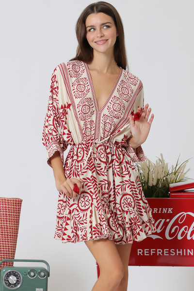 3/4DOLMAN SLEEVE TIE BORDER PRINTED  MINI DRESS