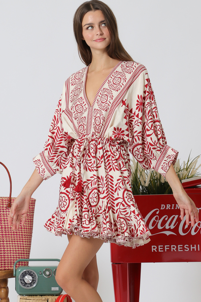 3/4DOLMAN SLEEVE TIE BORDER PRINTED  MINI DRESS