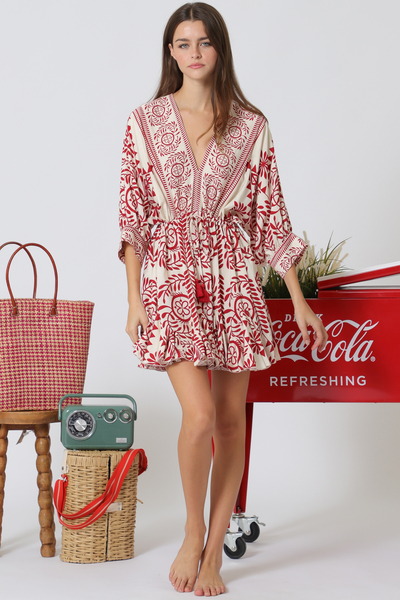 3/4DOLMAN SLEEVE TIE BORDER PRINTED  MINI DRESS