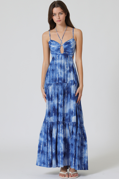THIN ADJUSTABLE STRAP ELASTIC TIERED MAXI DRESS