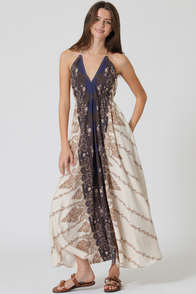 HALTER BACKLESS TIE BACK WAISTED MIDI DRESS