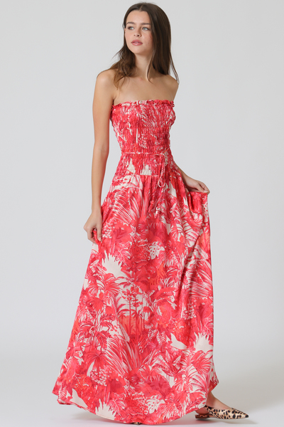 ELASTIC SMOCKED TUBE BELTED MAXI DRESS