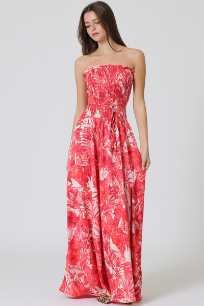 ELASTIC SMOCKED TUBE BELTED MAXI DRESS