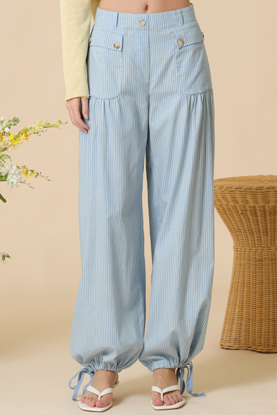 PIN STRIPE CHAMBRAY PANTS W DRAW STRING AT LEG OPENING