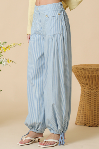 PIN STRIPE CHAMBRAY PANTS W DRAW STRING AT LEG OPENING