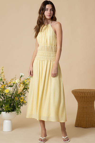 CRINKLE LINEN WAIST DETAIL HALTER MIDI DRESS