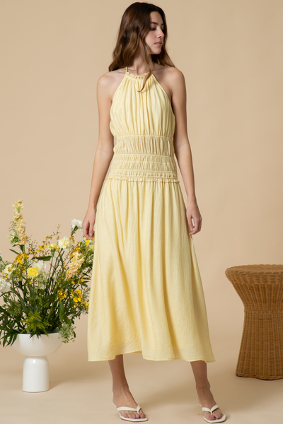 CRINKLE LINEN WAIST DETAIL HALTER MIDI DRESS