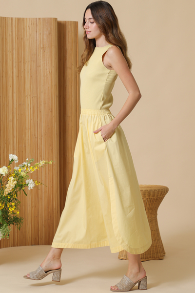 BOAT NECK RIB & POPLIN 2FER DRESS WITH SIDE SLITS AT SKIRT