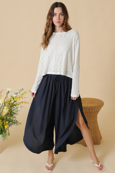 BACK OPEN LONG SLEEVE KNIT TOP AND SIDE WRAPPED PANTS SET