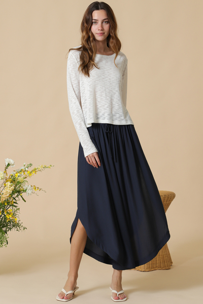 BACK OPEN LONG SLEEVE KNIT TOP AND SIDE WRAPPED PANTS SET