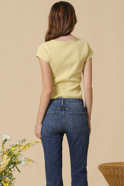 RIB SHOR SLEEVE CARDIGAN WITH SCALLOP EDGE TRIM