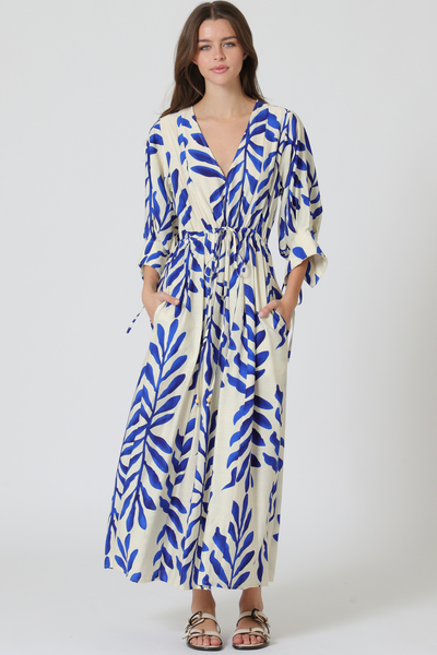 3/4 SLEEVE TIE FRONT WAISTED MIDI DRESS