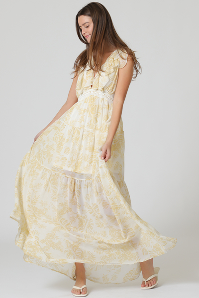 SLEEVELESS RUFFLE NECK LACE TIERED MAXI DRESS