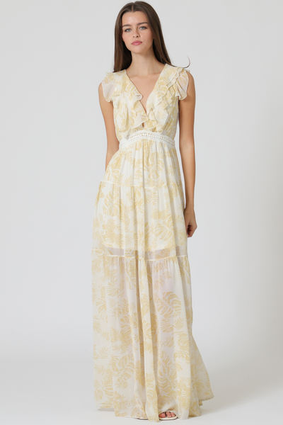 SLEEVELESS RUFFLE NECK LACE TIERED MAXI DRESS
