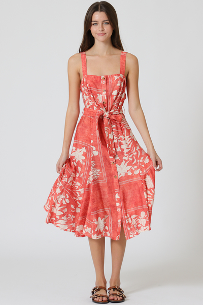 SLEEVELESS BUTTON DOWN BELTED MIDI DRESS