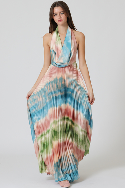 HALTER W/ PLATING SKIRT MAXI DRESS