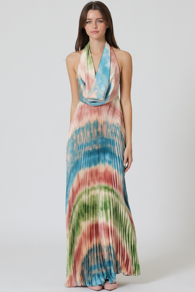 HALTER W/ PLATING SKIRT MAXI DRESS