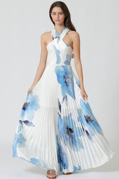 CROSS FRONT NECK HALTER PLEATED MAXI DRESS