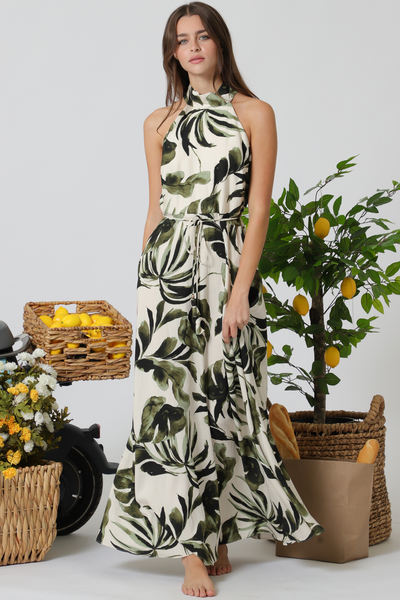 HIGH NECK BAND BELTED LONG DRESS