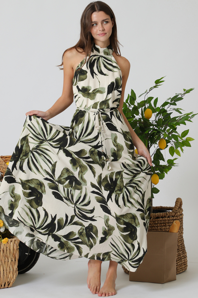 HIGH NECK BAND BELTED LONG DRESS