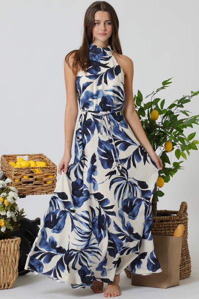 HIGH NECK BAND BELTED LONG DRESS