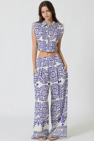 SHOULDER PAD BUTTON DOWN TOP & LONG PANTS SET