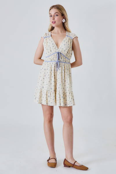 DITSY FLORAL GUAZE CONTRAST BINDING DETAL MINI DRESS