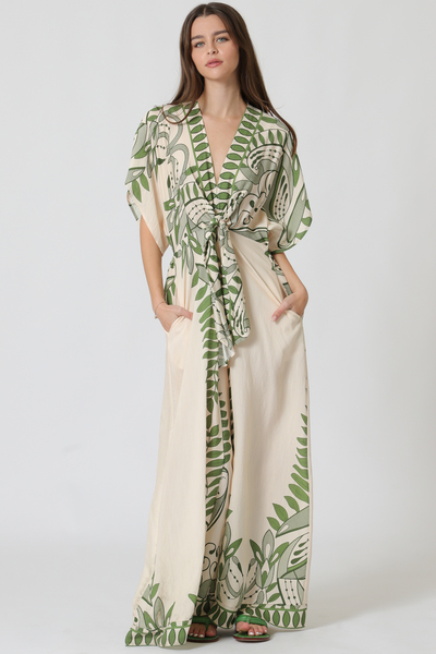 KIMONO SLEEVE TIE FRONT CHEST ELASTIC BACK WAISTED JUMPSUIT