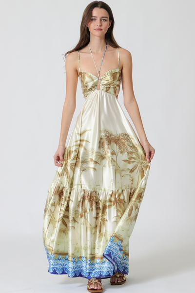 THIN ADJUSTABLE STRAP ELASTIC BACK WAISTED MAXI DRESS