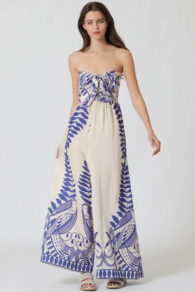 TUBE ELASTIC BACK WAISTED BORDER PRINTED JUMPSUIT