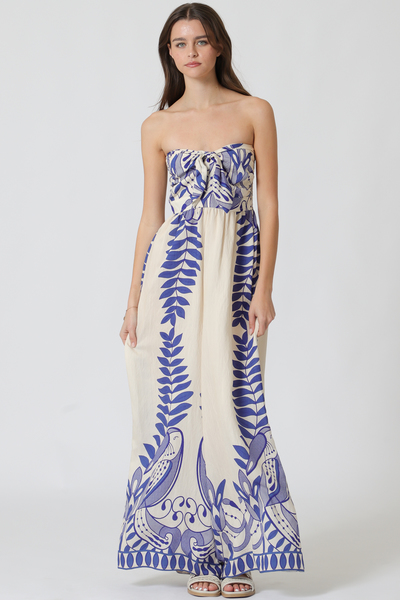 TUBE ELASTIC BACK WAISTED BORDER PRINTED JUMPSUIT