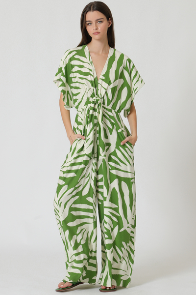 KIMONO SLEEVE TIE FRONT CHEST ELASTIC BACK WAISTED JUMPSUIT