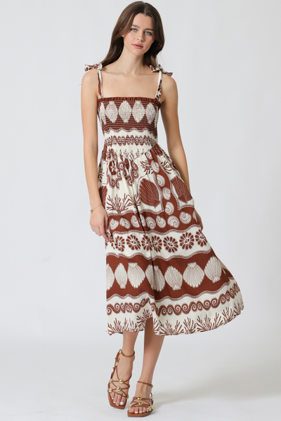 SHOULDER TIE BAND SMOCKING BUST MIDI DRESS