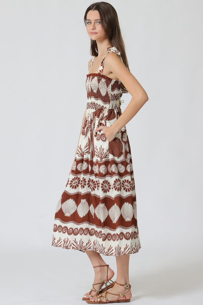 SHOULDER TIE BAND SMOCKING BUST MIDI DRESS