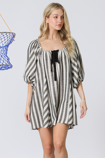 YARN DYE STRIPE DEEP U NECK ROMPER WITH FRONT TIE AND 3/4 SLEEVE
