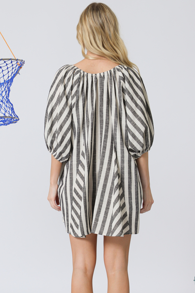 YARN DYE STRIPE DEEP U NECK ROMPER WITH FRONT TIE AND 3/4 SLEEVE