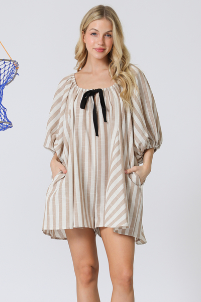 YARN DYE STRIPE DEEP U NECK ROMPER WITH FRONT TIE AND 3/4 SLEEVE