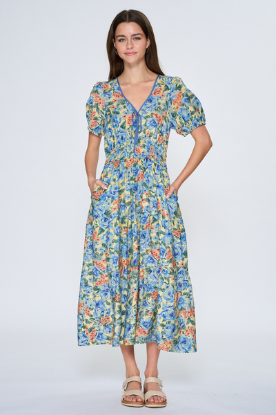 CRINKLE RAYON FLORAL TIERED MIDI W/ CONTRAST