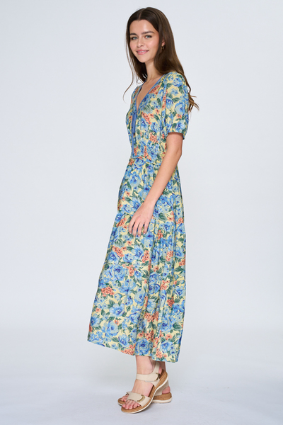 CRINKLE RAYON FLORAL TIERED MIDI W/ CONTRAST